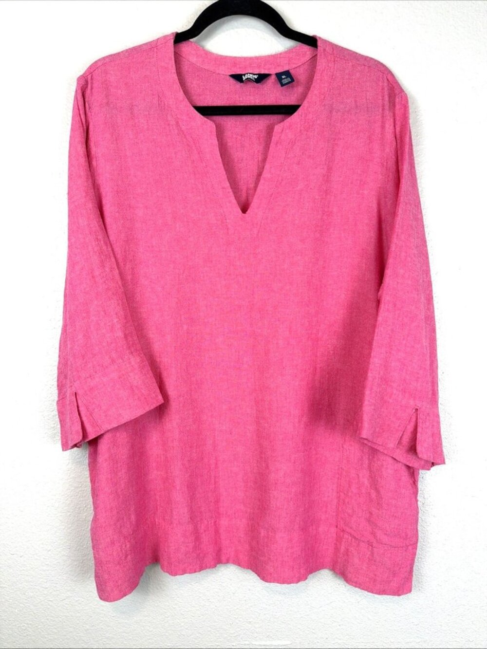 Lands End Linen Blend Tunic Womens XL Pink Split Neck 3/4 Sleeve Pockets Coastal